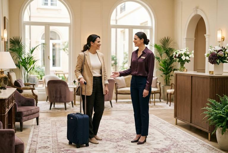 A patient coordinator welcoming an international patient in a hotel lobby