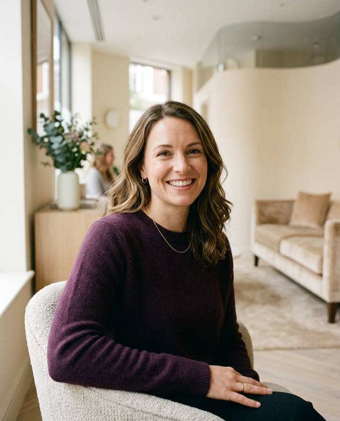 A woman with a natural, relaxed smile in a bright clinic