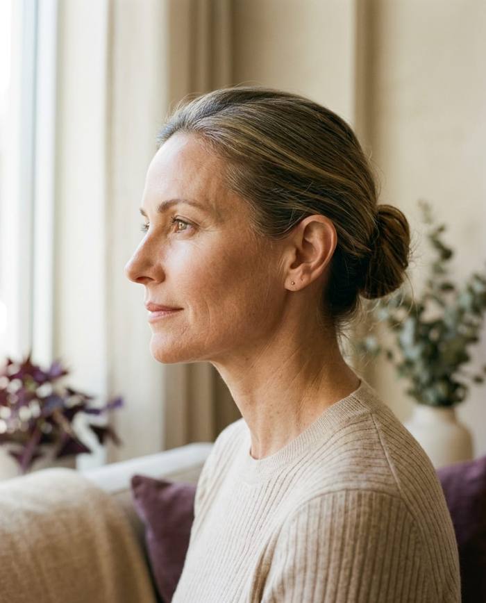 Profile portrait of a woman with natural skin in soft window light