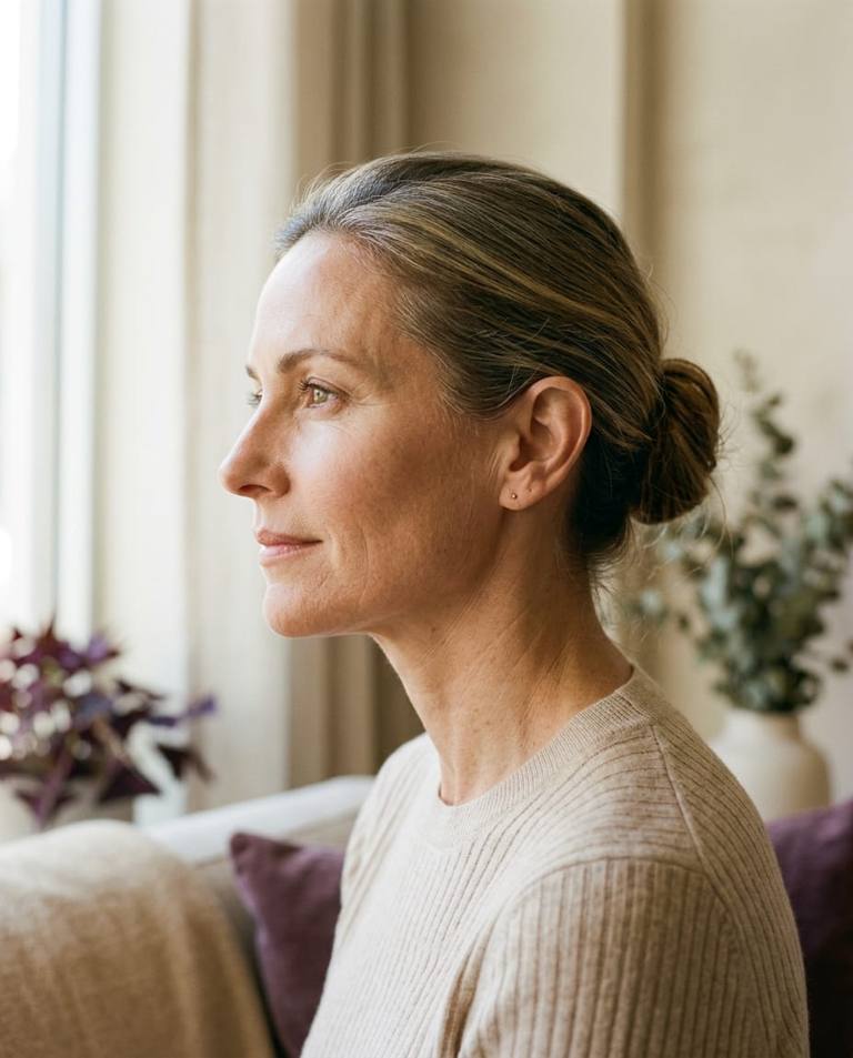 Profile portrait of a woman with natural skin in soft window light