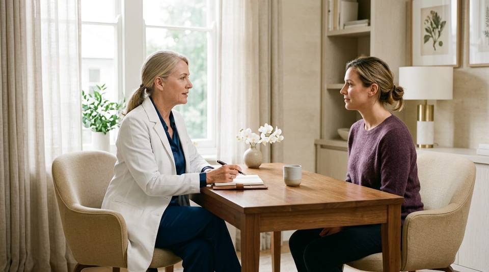 A female specialist in a private consultation with a patient in a calm, light-filled consultation room