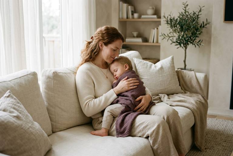 A mother holding her toddler on a linen sofa in a bright home