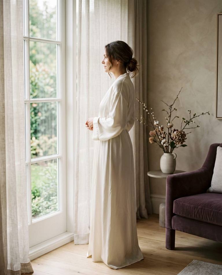 A woman in an ivory silk robe standing by a window