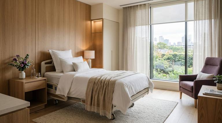 A calm, modern private hospital room with daylight