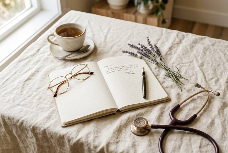 An open notebook, reading glasses, tea and lavender on a linen tablecloth